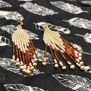Chic Beaded Fringe Earrings - Gold, Red, Cream